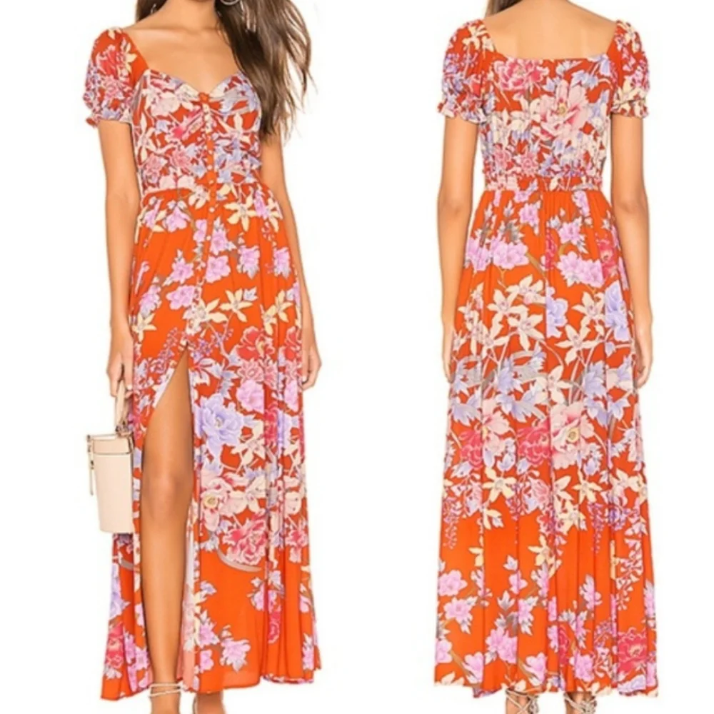 New Spell x Revolve Lily Gown Red Floral M Maxi Dress Ruched Designs Exclusive